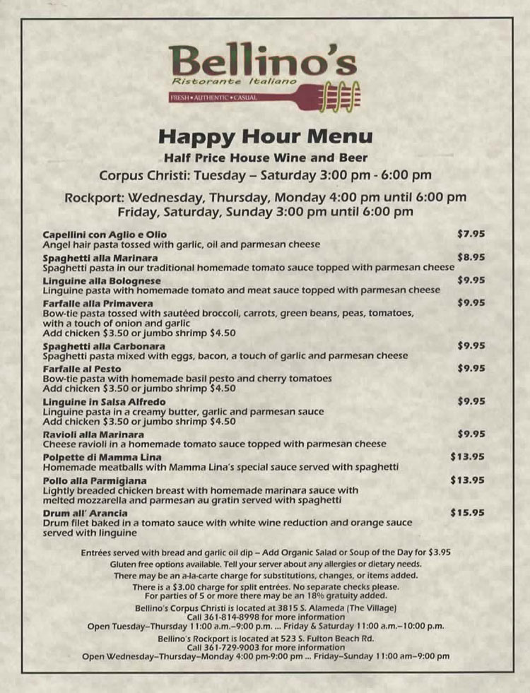 Bellino's Restaurant Happy Hour Menu in Corpus Christi, Texas.